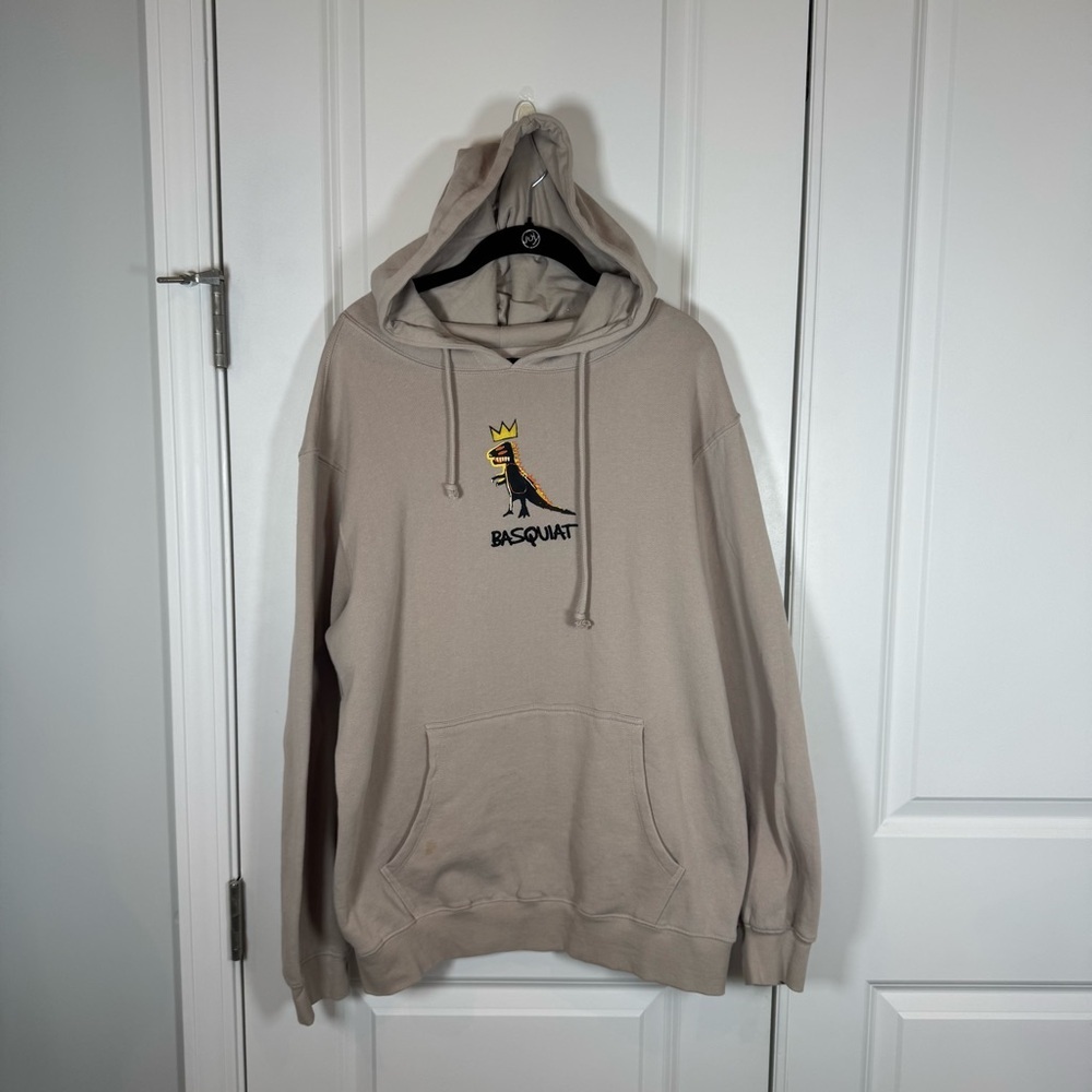Jean-Michel Basquiat Dino Crown Hoodie Men’s L Beige Graphic Streetwear 90s